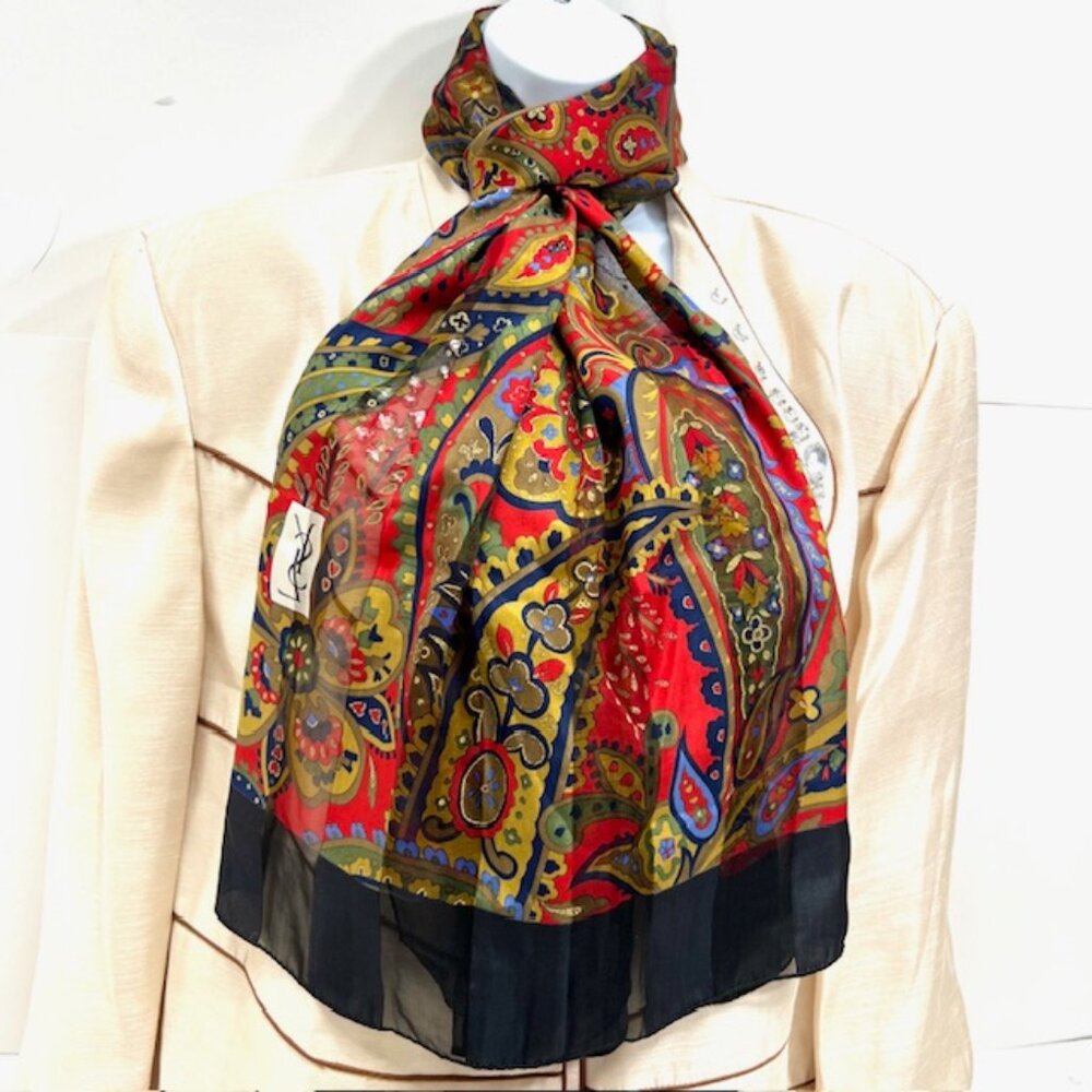 Unused Yves Saint Laurent 100% Silk Chiffon/Satin scarf 68x23 Black Red Flora(32